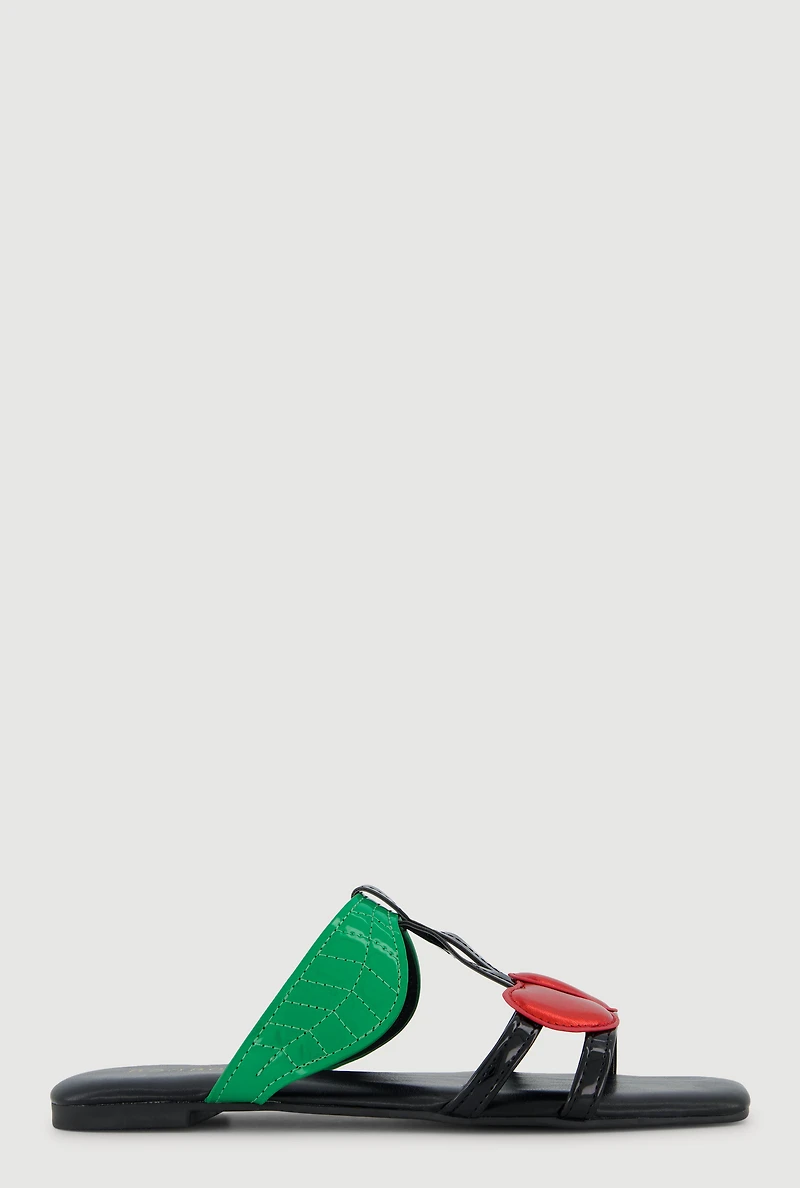 Womens Cherries Open Toe Slide Sandals, Black, Size 10