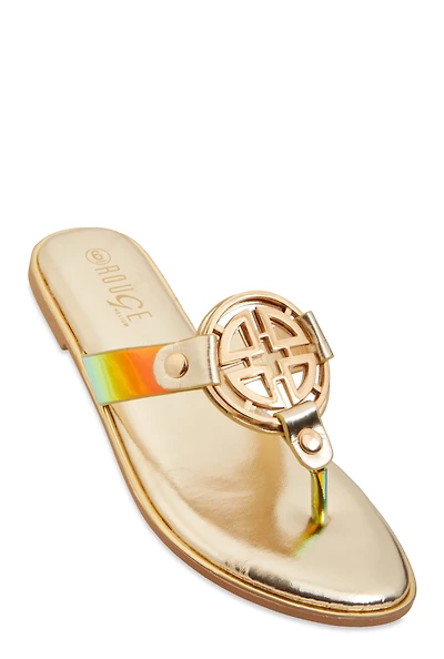 Womens Metallic Geometric Pendant Thong Slide Sandals,