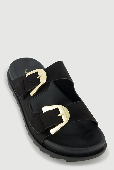 Faux Suede Double Metallic Buckle Slide Sandals