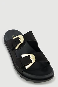 Faux Suede Double Metallic Buckle Slide Sandals