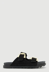 Womens Faux Suede Double Metallic Buckle Slide Sandals,
