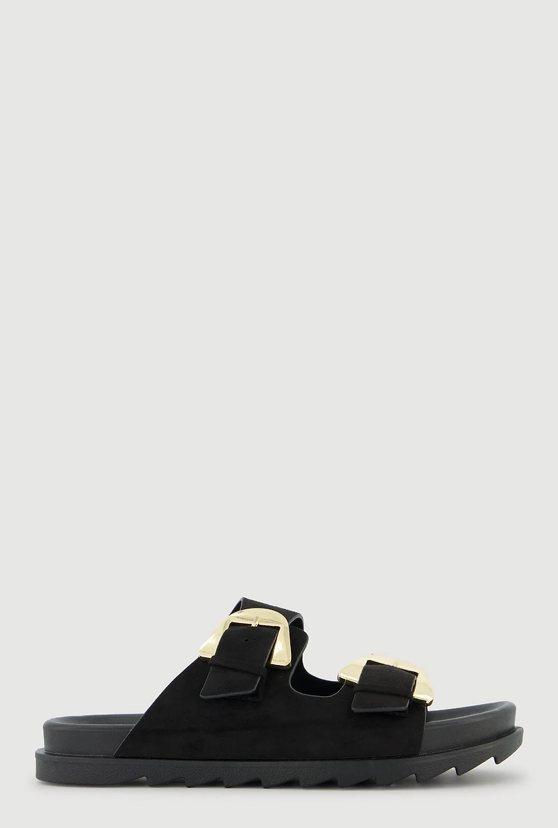 Faux Suede Double Metallic Buckle Slide Sandals