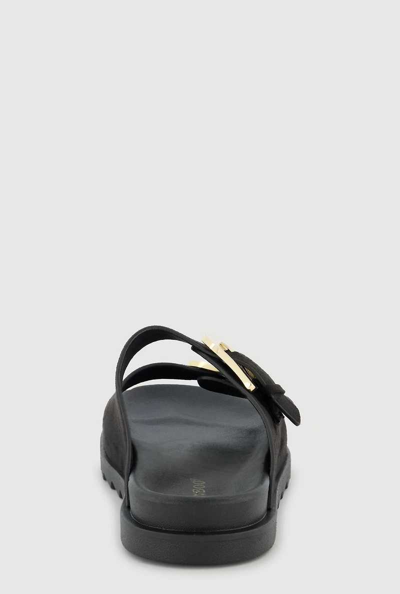 Womens Faux Suede Double Metallic Buckle Slide Sandals,