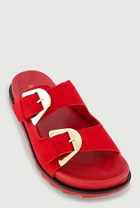 Faux Suede Double Metallic Buckle Slide Sandals