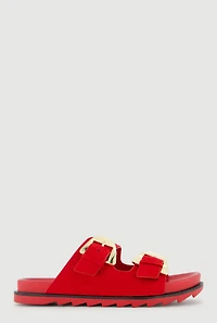 Faux Suede Double Metallic Buckle Slide Sandals