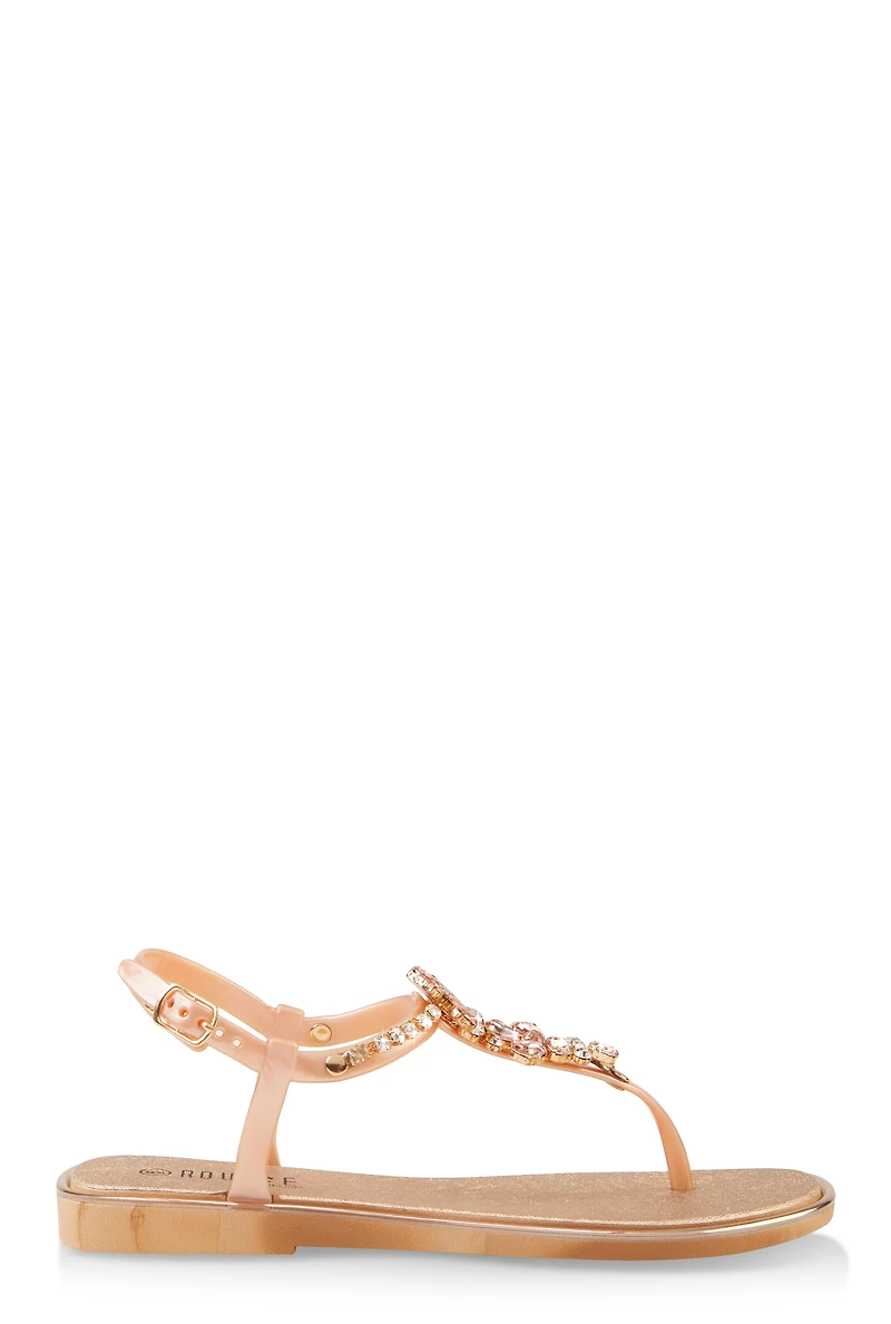 Womens Ankle Strap Gemstone Thong Sandals, Rosegold,