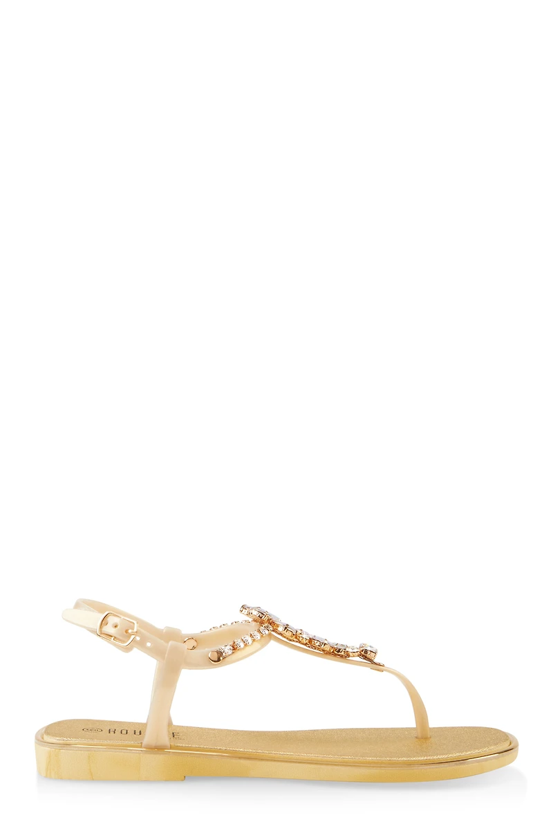 Womens Ankle Strap Gemstone Thong Sandals, Gold, Size 9