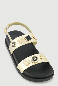 Metallic Faux Pearl Charmed Double Strap Footbed Sandals