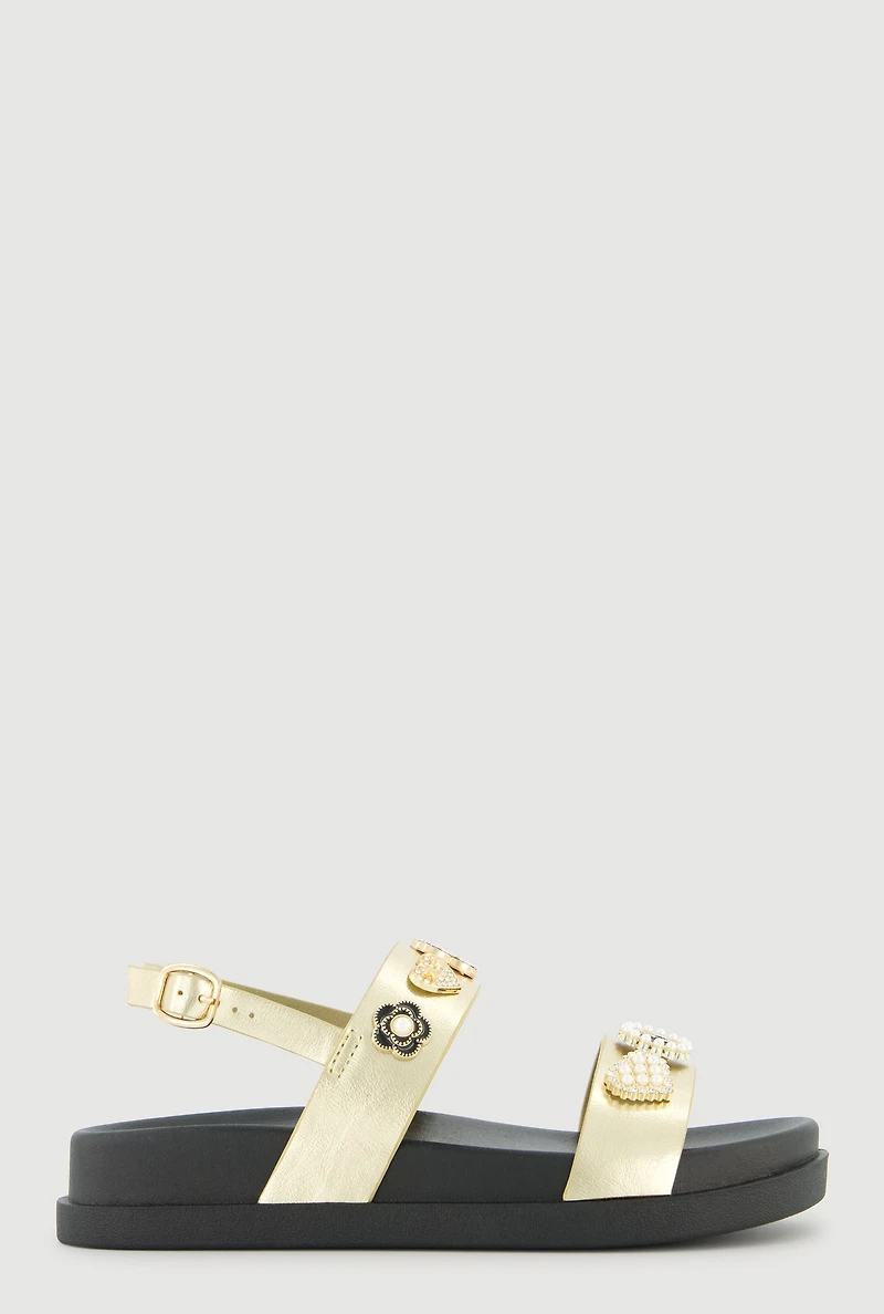 Metallic Faux Pearl Charmed Double Strap Footbed Sandals