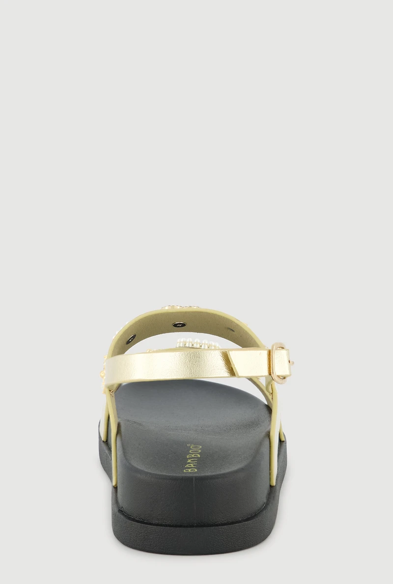 Metallic Faux Pearl Charmed Double Strap Footbed Sandals