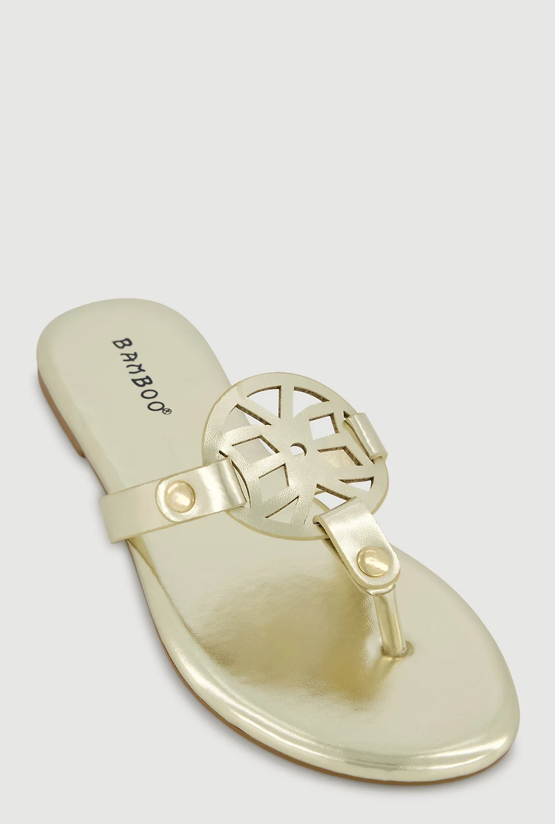 Faux Leather Cut Out Pendant Thong Sandals