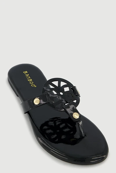 Faux Leather Cut Out Pendant Thong Sandals