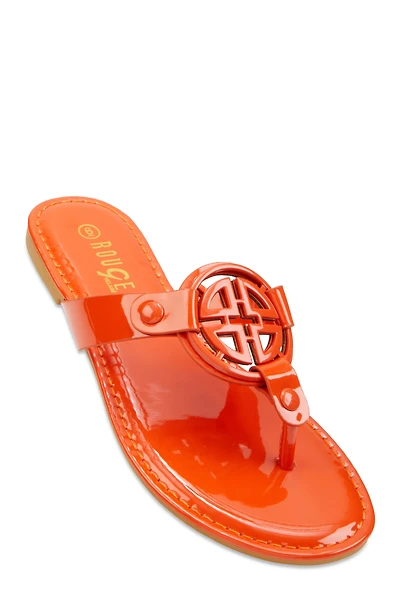 Womens Geometric Pendant Thong Slide Sandals, Orange,