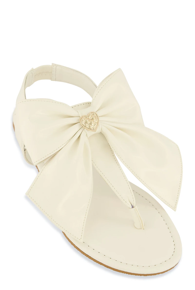Womens Heart Charm Bow Corded Thong Sandals, White, Size 8.5