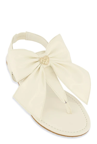 Womens Heart Charm Bow Corded Thong Sandals, White, Size 8.5