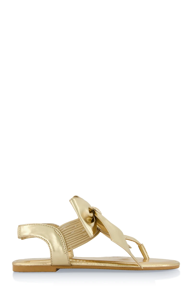 Womens Heart Charm Bow Corded Thong Sandals, Gold, Size 7.5