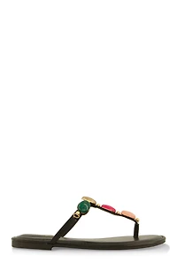Womens Boho Gemstone Thong Slide Sandals, Black, Size 11