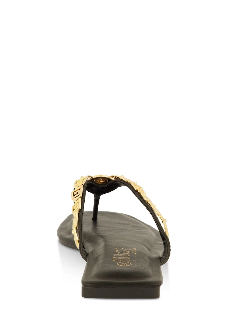 Lion Pendant Greek Key Chain Thong Sandals