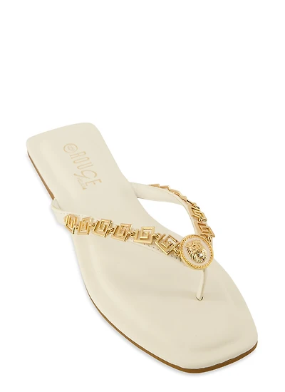 Womens Lion Pendant Greek Key Chain Thong Sandals, White, Size 10