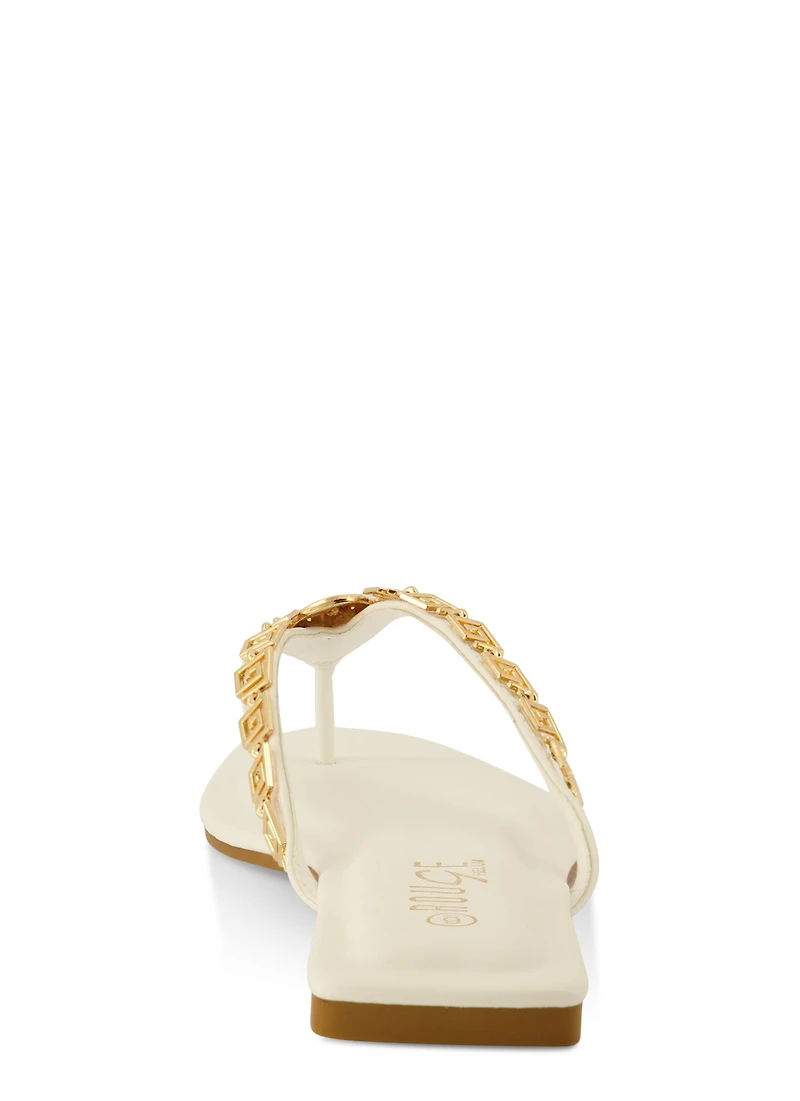 Womens Lion Pendant Greek Key Chain Thong Sandals, White, Size 10