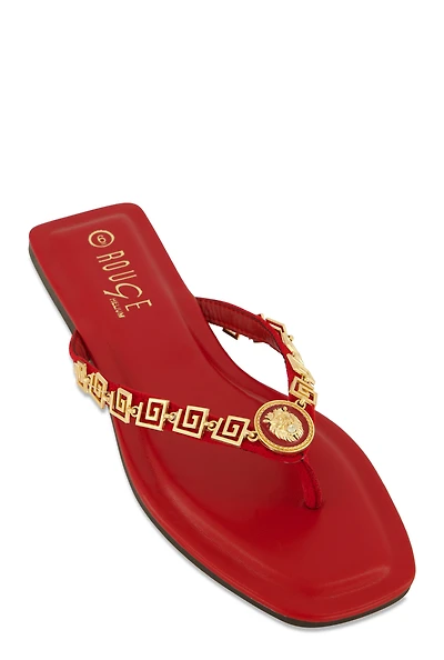 Womens Lion Pendant Greek Key Chain Thong Sandals,