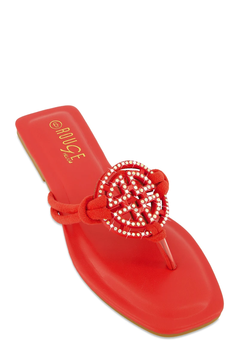 Womens Rhinestone Geo Pendant Thong Slide Sandals, Orange, Size 11