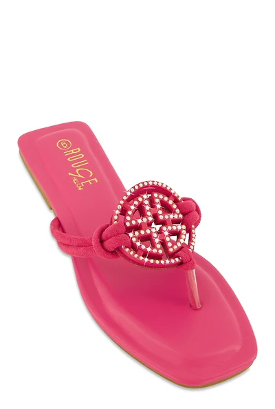 Womens Rhinestone Geo Pendant Thong Slide Sandals, Pink, Size 6