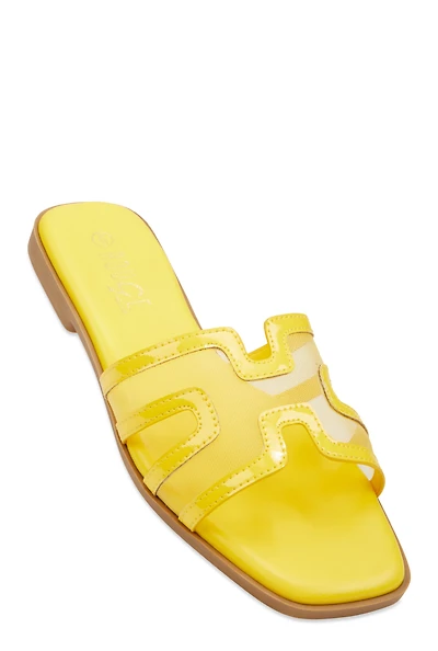 Womens Mesh Insert Cut Out Band Slide Sandals, Yellow, Size 5.5