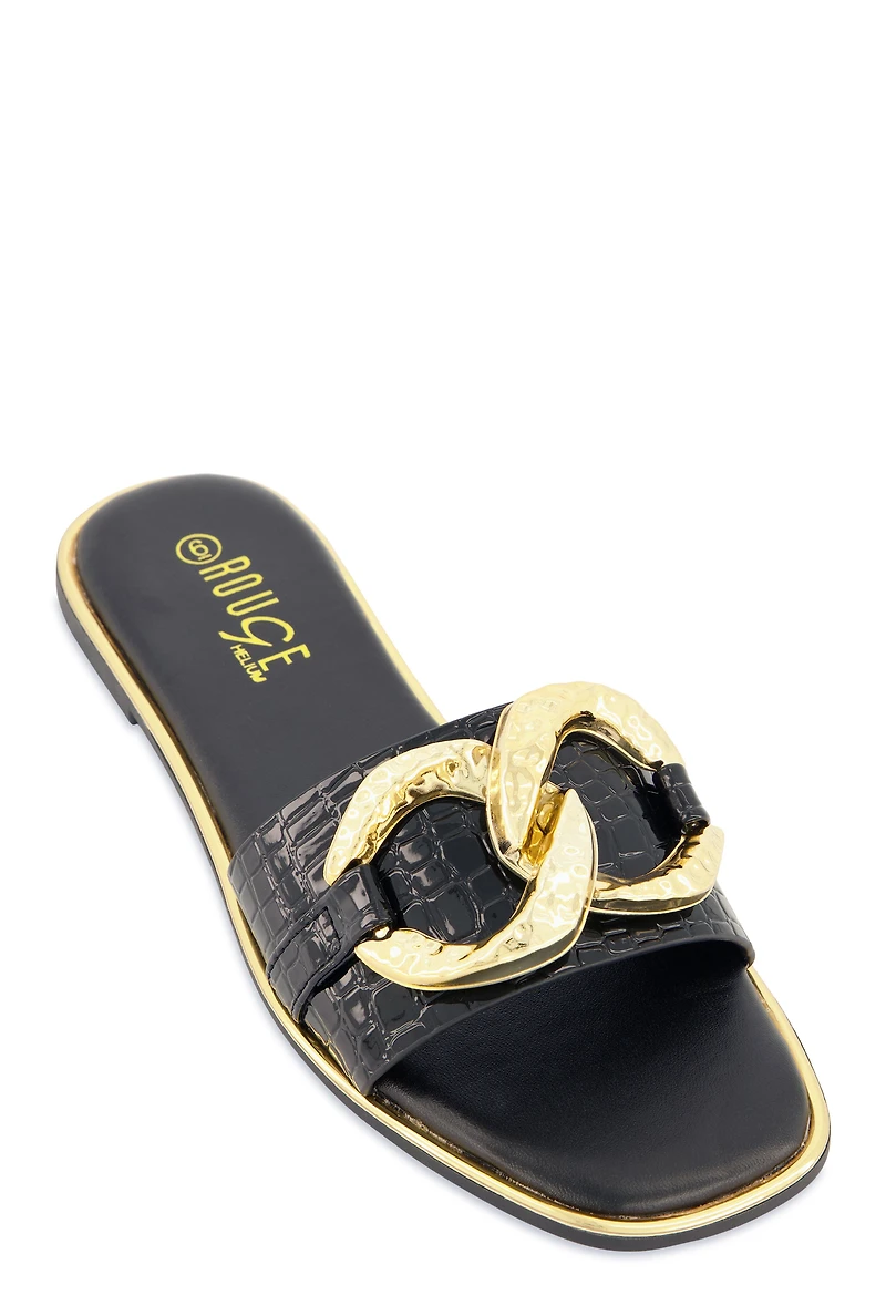 Womens Oversized Chain Detail Band Slide Sandals, Black, Size 6