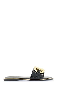 Womens Oversized Chain Detail Band Slide Sandals, Black, Size 6