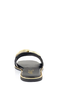 Womens Oversized Chain Detail Band Slide Sandals, Black, Size 6