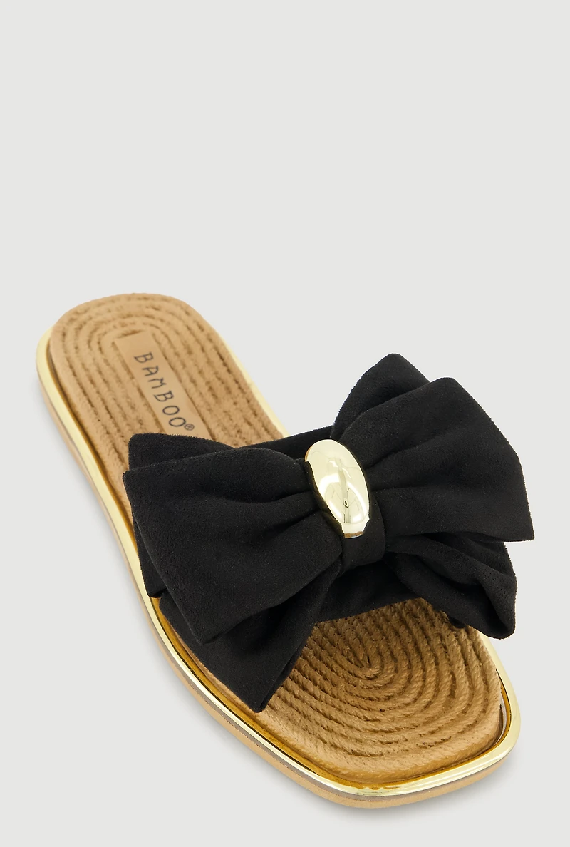 Metallic Trim Bow Detail Slide Sandals