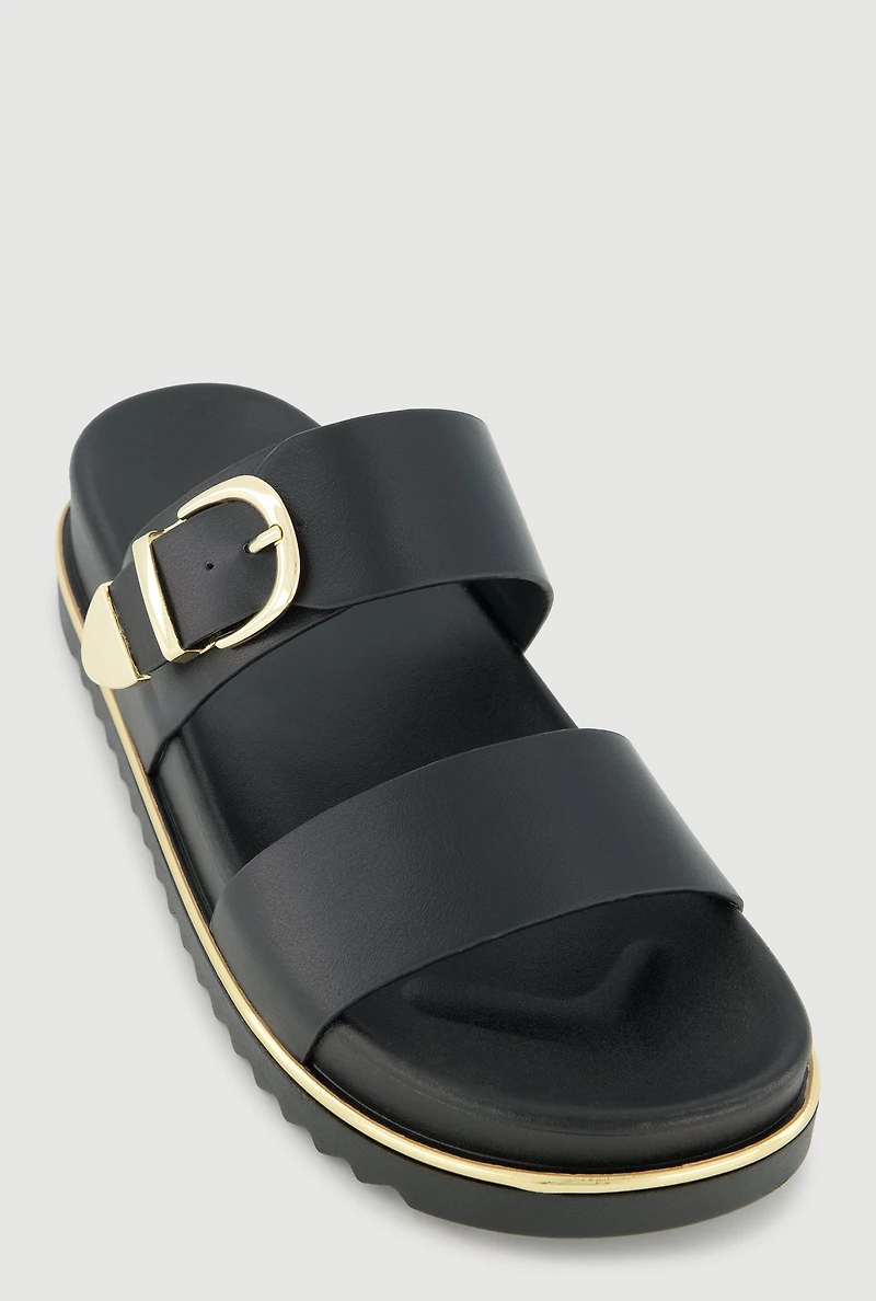 Metallic Buckle Detail Footbed Slide Sandals
