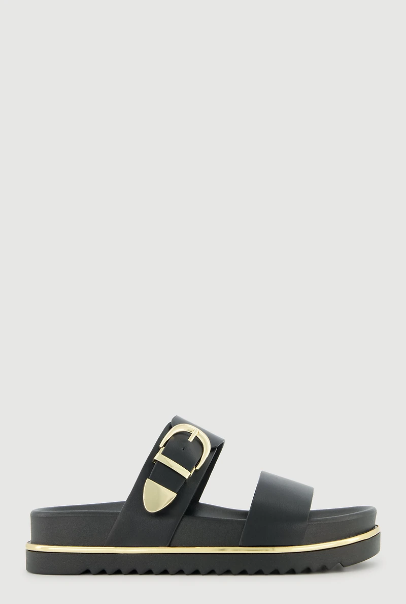 Metallic Buckle Detail Footbed Slide Sandals