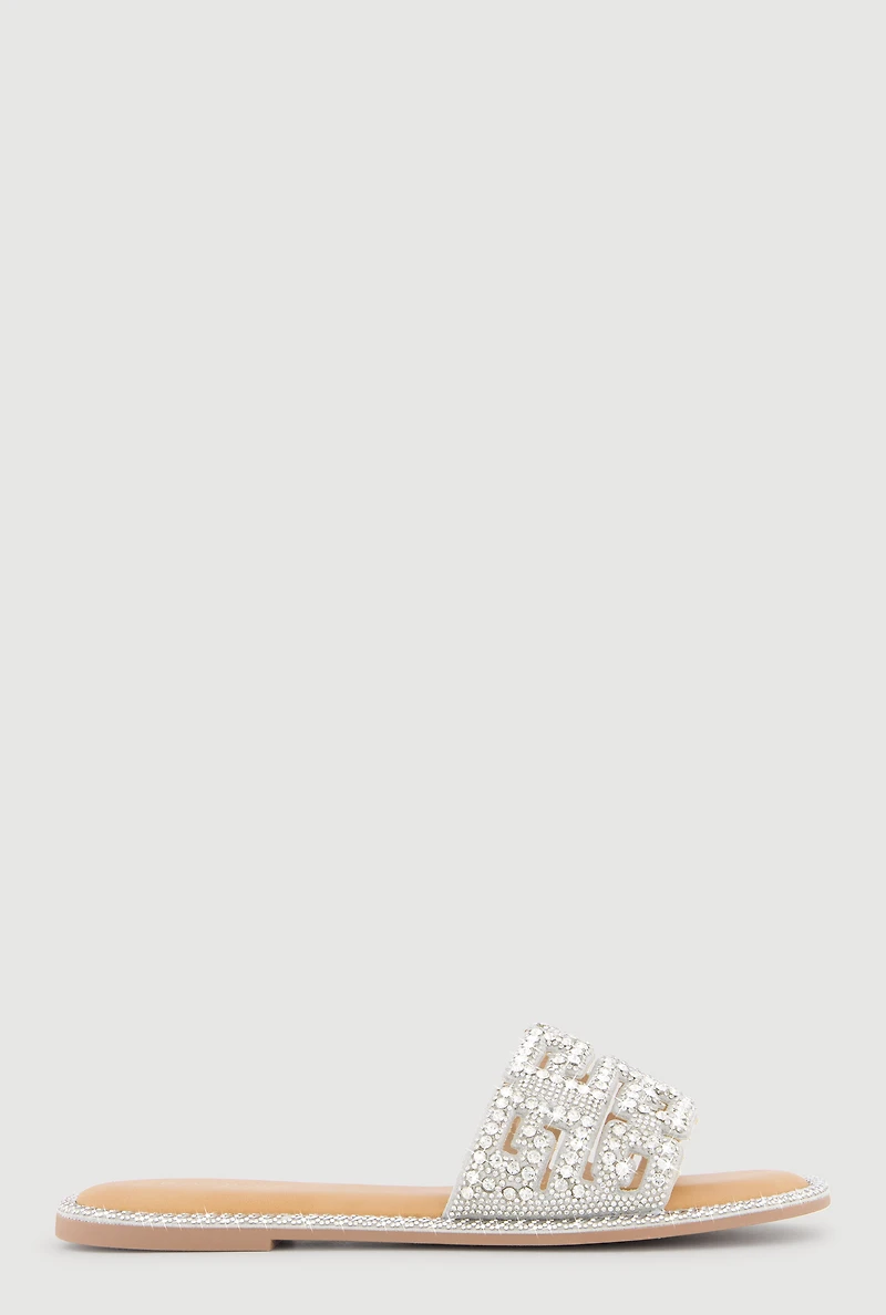 Rhinestone Greek Key Band Slide Sandals