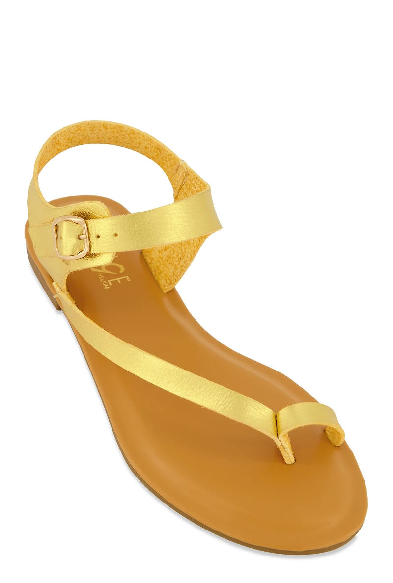 Womens Toe Loop Asymmetrical Ankle Strap Sandals, Gold, Size 6