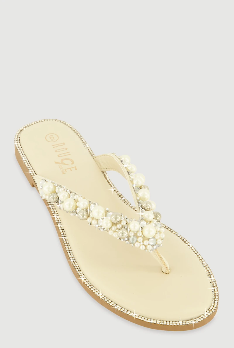 Faux Pearl Rhinestone Thong Slide Sandals