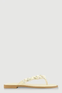 Womens Faux Pearl Rhinestone Thong Slide Sandals, Beige,