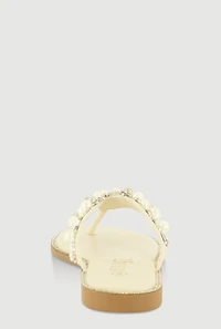 Womens Faux Pearl Rhinestone Thong Slide Sandals, Beige,