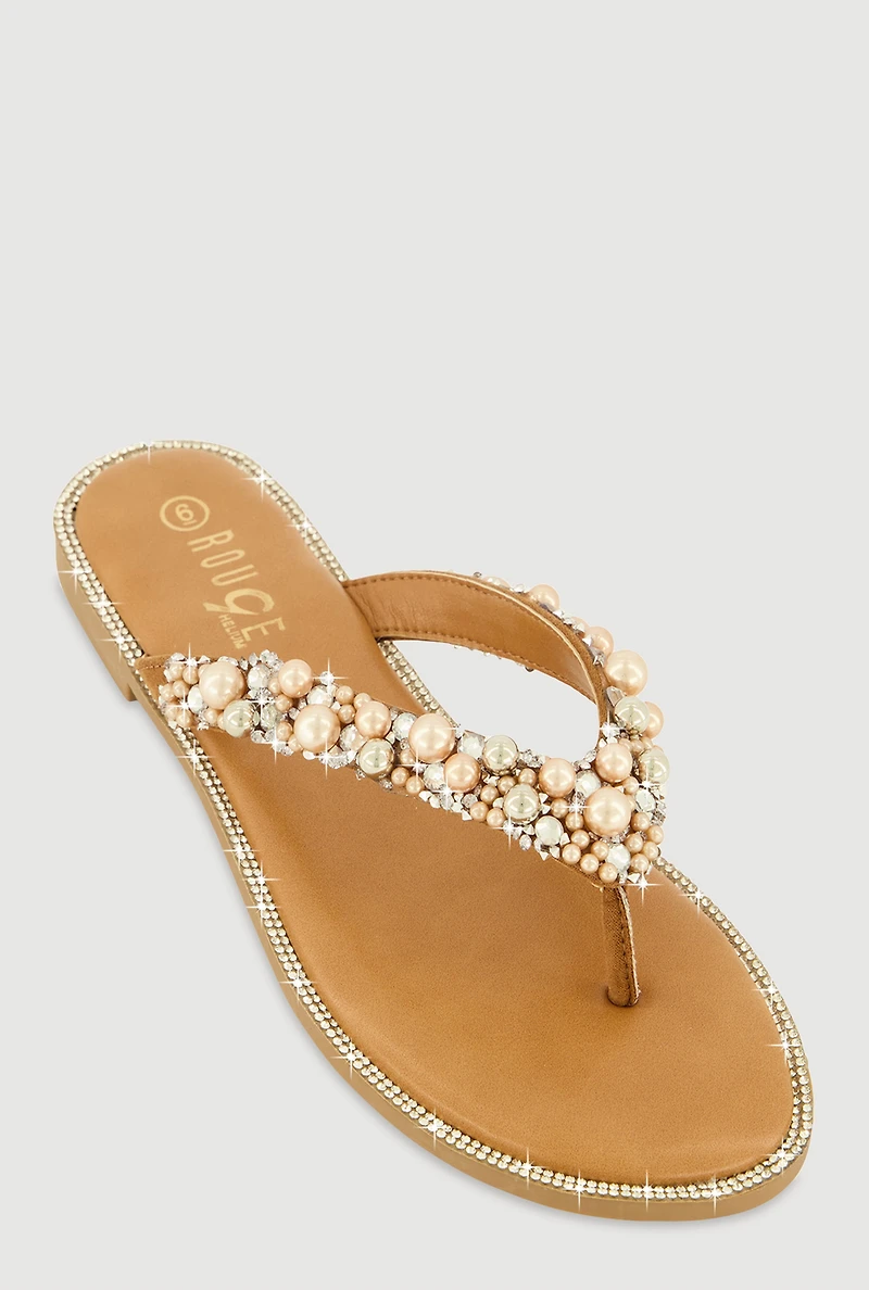 Womens Faux Pearl Rhinestone Thong Slide Sandals, Brown, Size 7.5