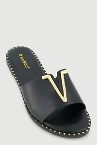 Metallic V Pendant Notched Band Slide Sandals