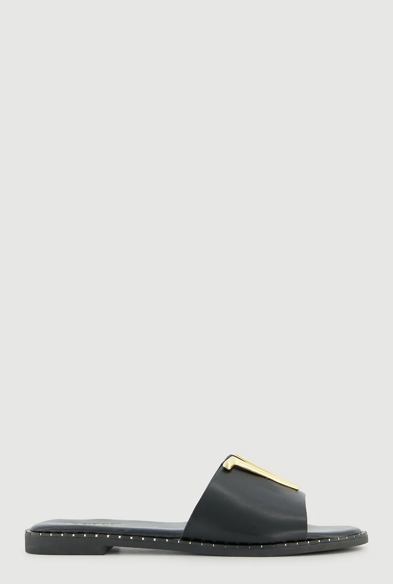 Metallic V Pendant Notched Band Slide Sandals