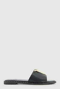 Metallic V Pendant Notched Band Slide Sandals