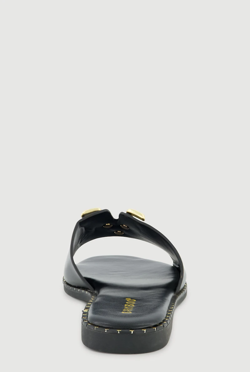 Metallic V Pendant Notched Band Slide Sandals