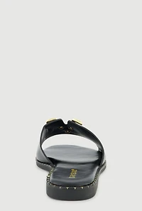 Metallic V Pendant Notched Band Slide Sandals