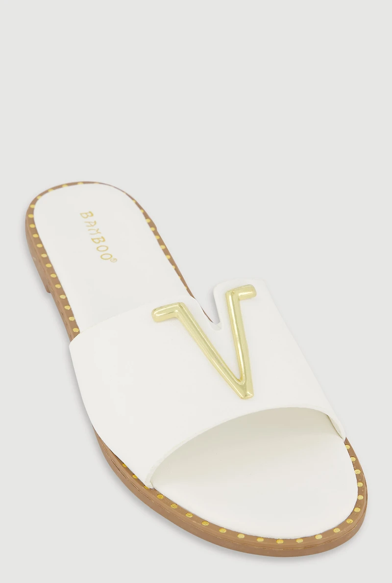 Metallic V Pendant Notched Band Slide Sandals