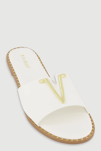 Metallic V Pendant Notched Band Slide Sandals