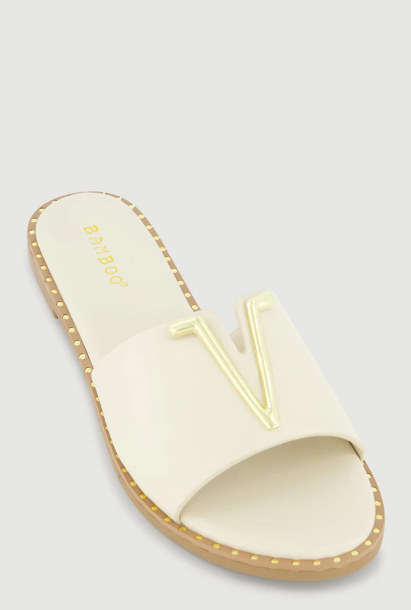 Metallic V Pendant Notched Band Slide Sandals