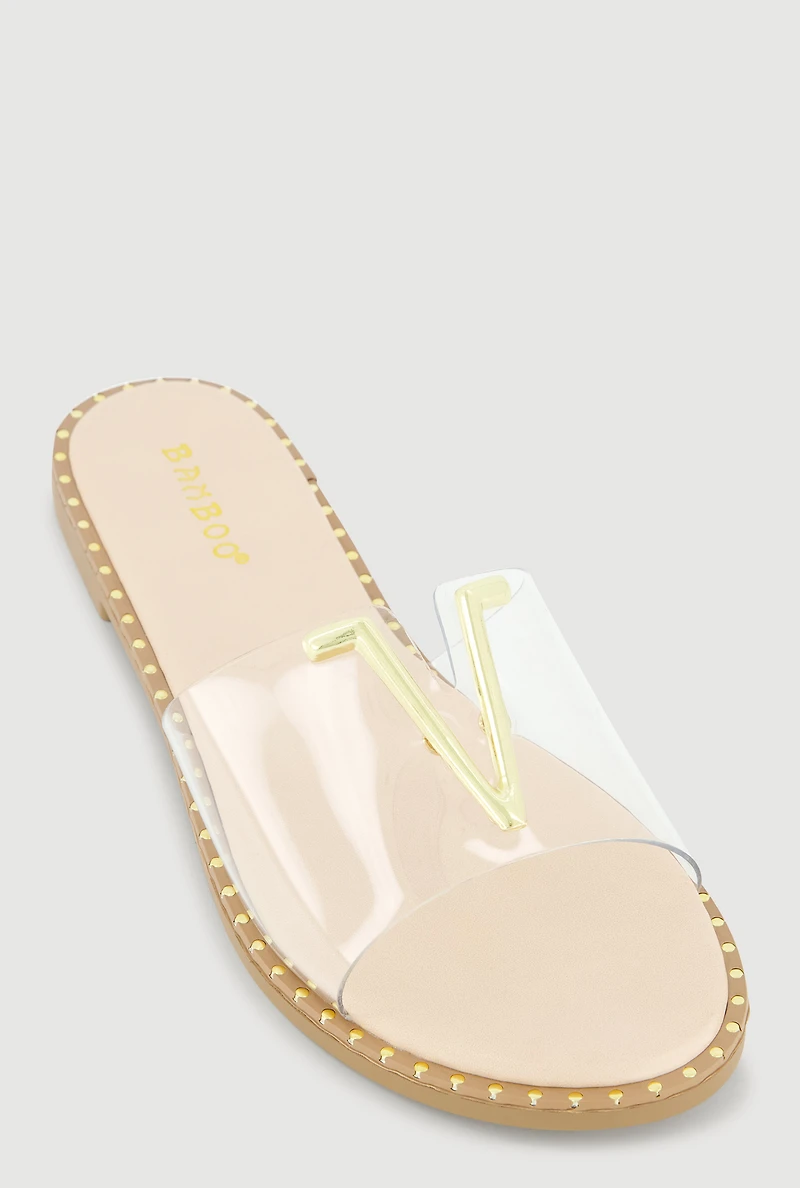 Metallic V Pendant Notched Band Slide Sandals