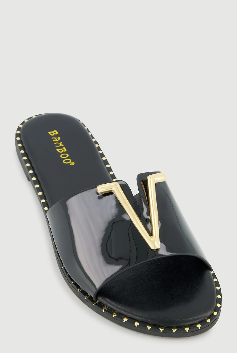 Metallic V Pendant Notched Band Slide Sandals